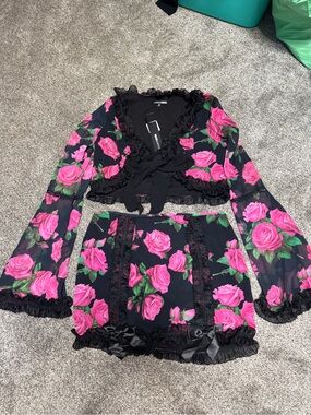 Fashion Nova Black Two-Piece Crop Top & Mini Skirt with Pink Rose Print